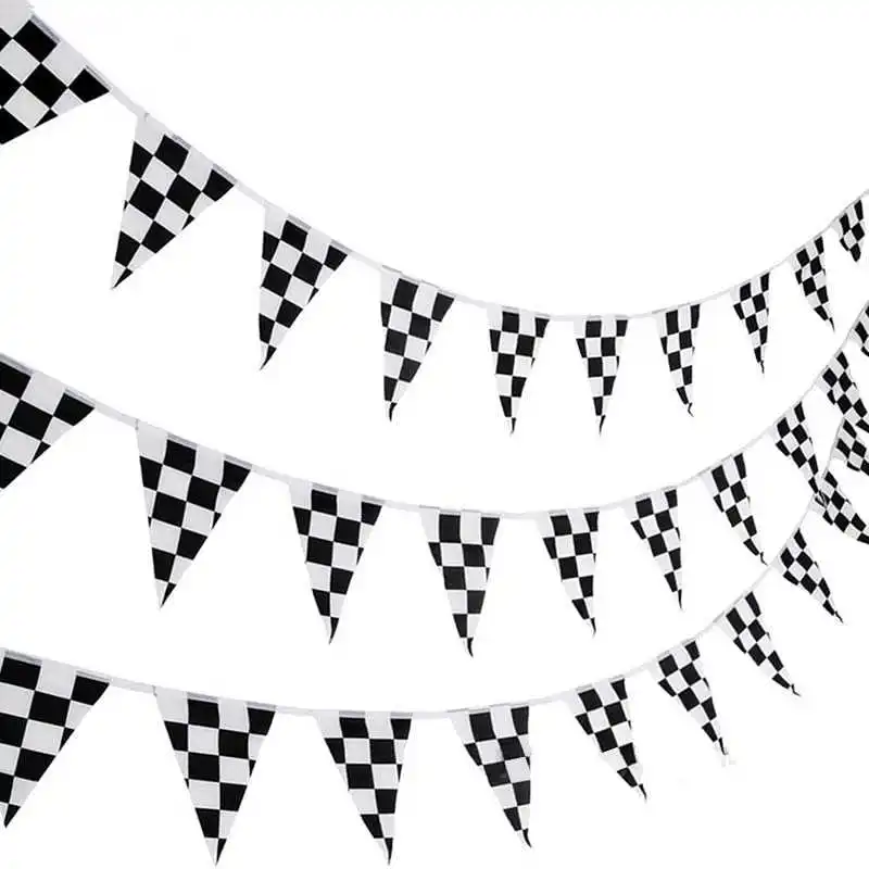 38PCS Auto Racing Checkered Flag F1 Sport Triangle 14x21cm Black White Chequered Printed Hanging Flags String Banners Decoration