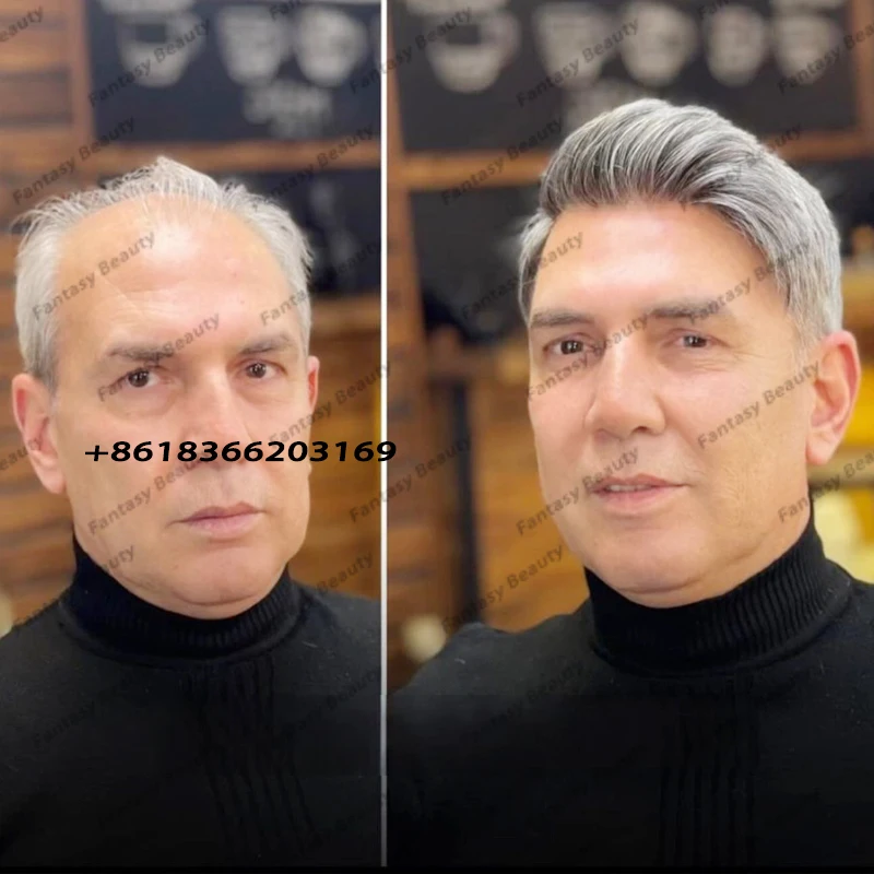 1B80 Grey Man Human Hair Prosthesis Capillary Full Pu Thin Skin Injected Base Men Toupee Undetectable Micro Long Last Hair Units