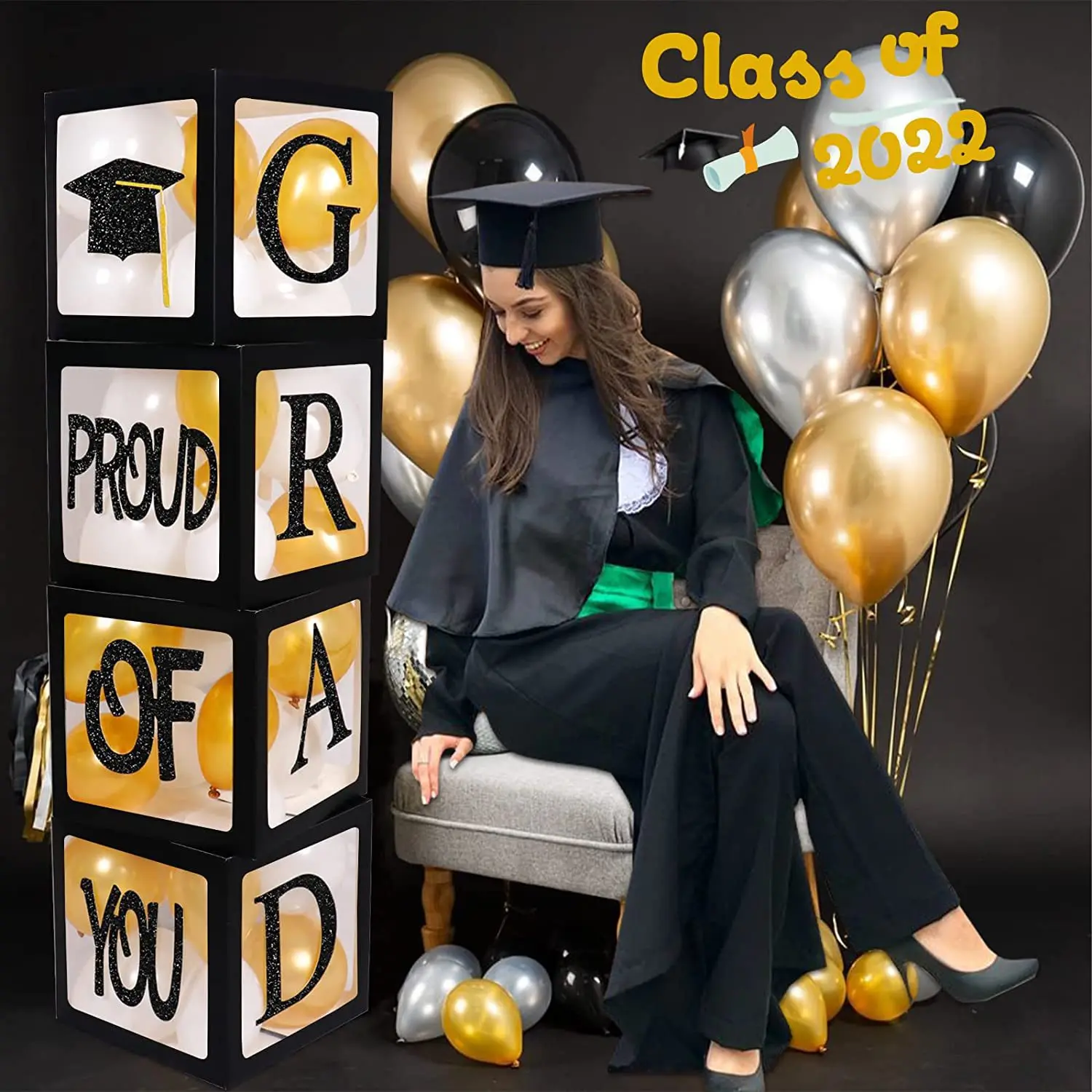 Graduation Party 2024 Decorations 4Pcs Black Balloon Box GRAD Proud of You Class Of 2024 High School College Graduation Party