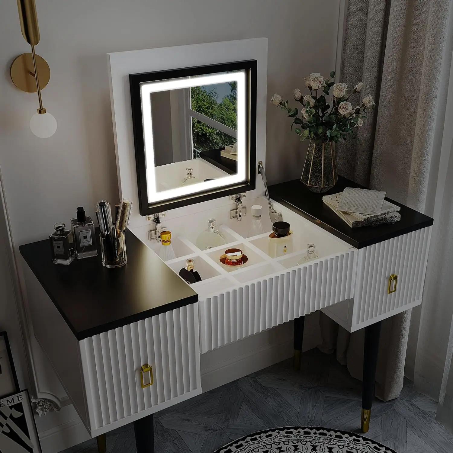 White Makeup Vanity Desk With Mirror And Led Lights, Wood Flip-Top Dressing Table With Storage, White+Black