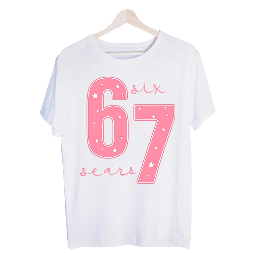 Women's 67 Number with Stars Graphic Tee, Short Sleeve Crew Neck T-Shirt for Birthday and Casual Celebrations