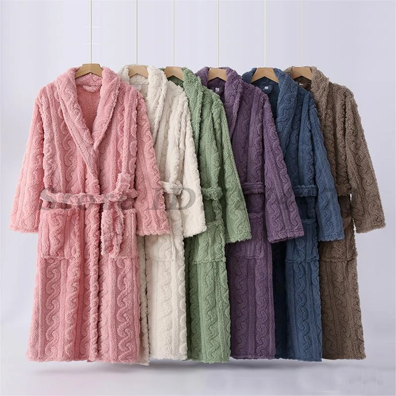 Winter Warm Coral Fleece Couple Long Robe Thick Flannel Women Sexy Bathrobe Sleepwear Nightwear Loose Casual Homewear Loungewear