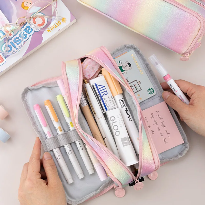 Double Sash Window Rainbow Pencil Case, Multifuncional Student Pen Bag, Prêmio Junior Papelaria, Grande Capacidade