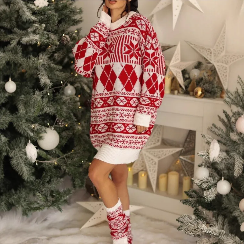 

Новинка 2025, осенне-зимнее рождественское женское трикотажное платье, модное жаккардовое свободное платье со снежинками и круглым вырезом, длинными рукавами