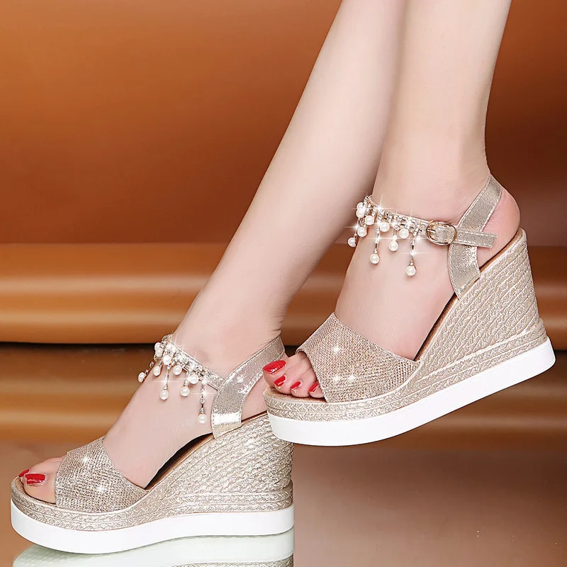 Girls Sandals 2022 Summer New Women\'s Pumps Fashion Pearl Rhinestone Platform Wedge Casual Female Sandals 10cm Ladies High Heels