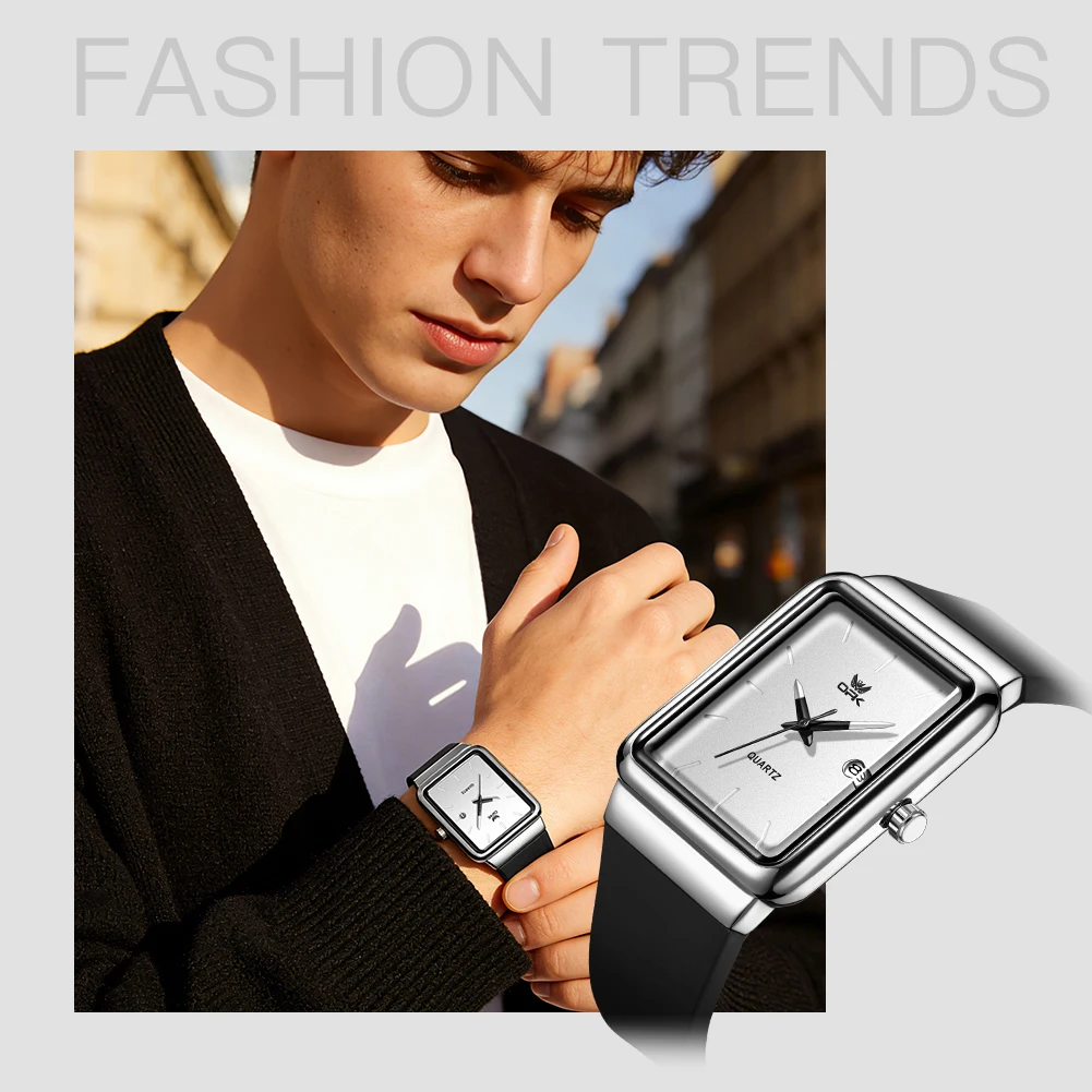 OPK 8194 Men's Quartz Watches Minimalist Square Dial Fashion Casual Silicone Strap Waterproof Man Watch Auto Date Hand Clock