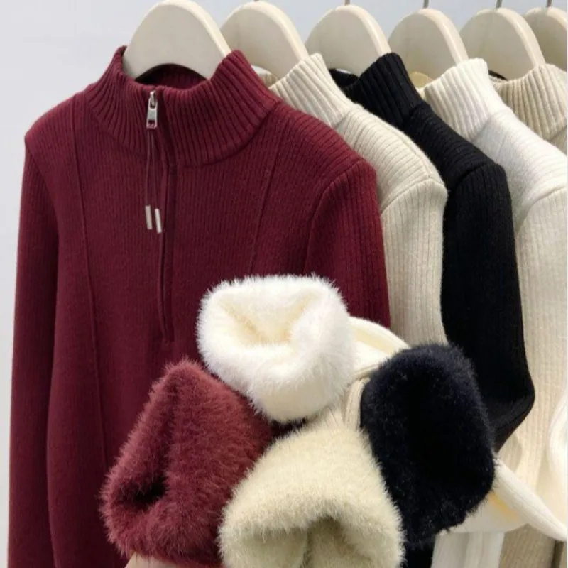 Zipper Half Turtleneck Sweater with Fleece Lining, Thickened Knitted Base Shirt for Women, Autumn and Winter Warm Inner Wear