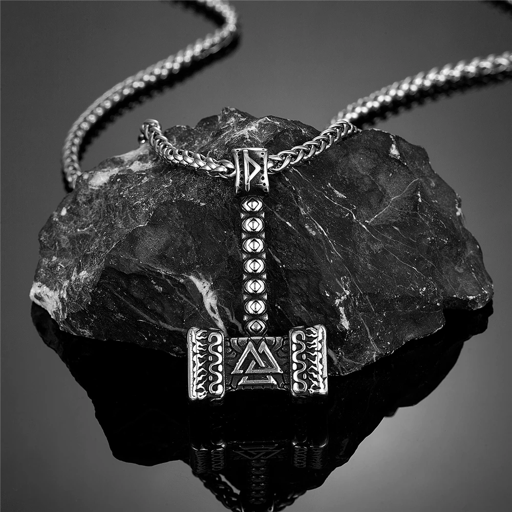 Vikings Thors Hammer Necklace Double-sided Norse Mythology Odin Mjolnir Vegvisir Amulet Men Stainless Steel Pendant Jewelry Gift