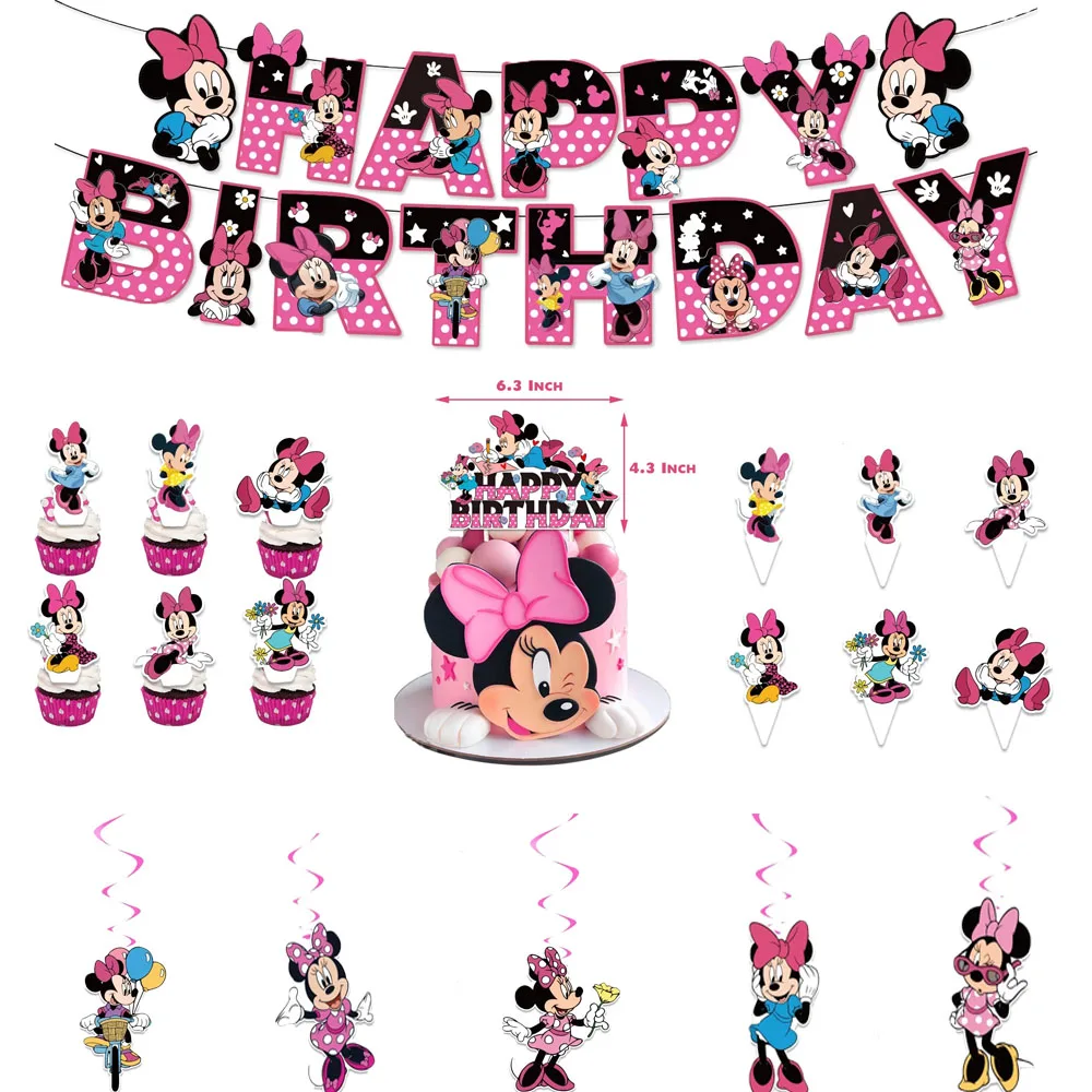 NewDisney Minnie Mickey Mouse Cake Decorations Minnie Party Cake Topper For Kids Birthday Party Baby Shower Cake Flag Supplies