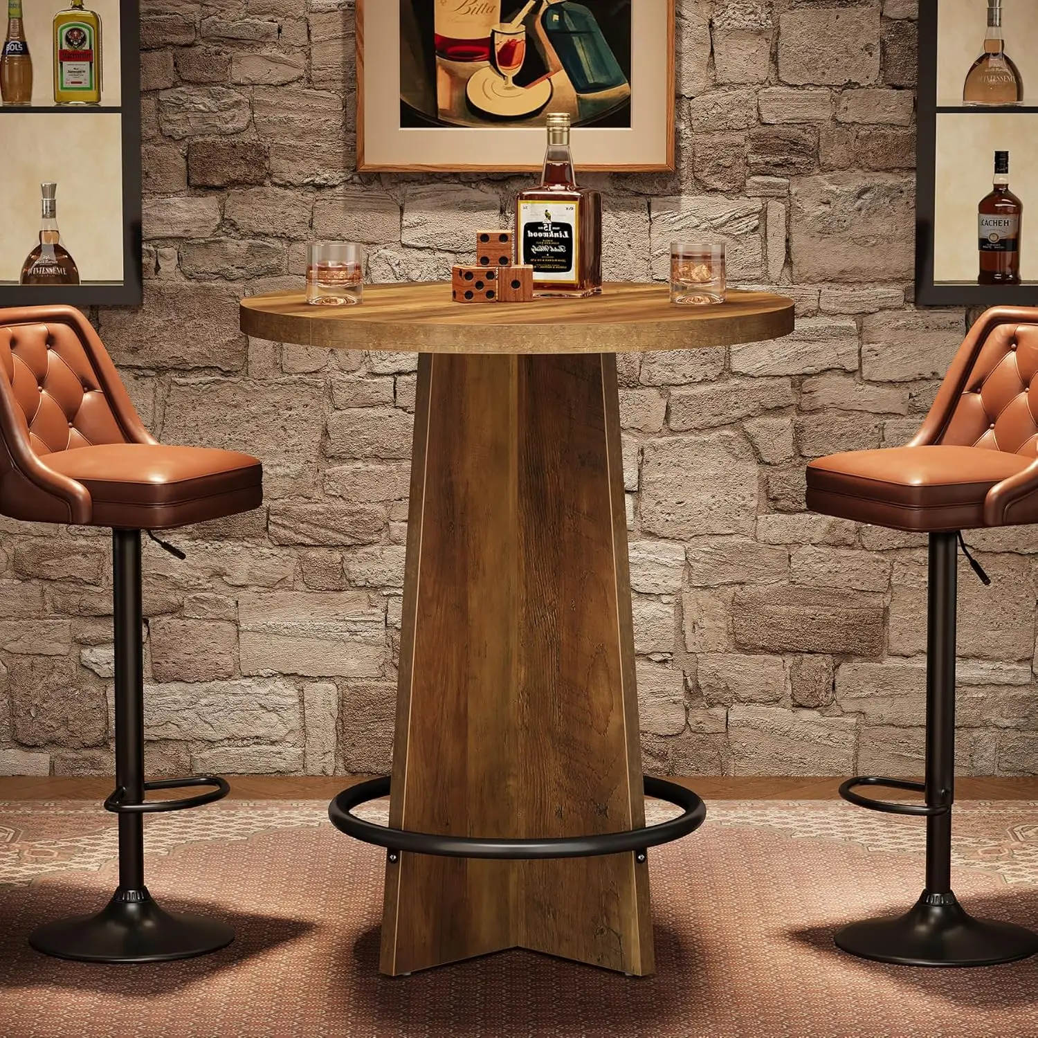 

Round Bar Table, 37.4'' Tall Wooden Bistro Pub Table with Base and Metal Ring Footrest for Coffee House, Home,, Customized