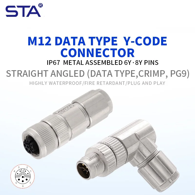 M12 Ethernet Network Connector X Code 8 Pin Male Female Straight/Angled Metal Assembled Plug IP67 Waterproof Data Signal CAT6A