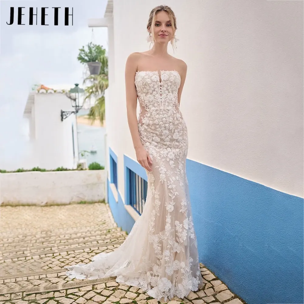 JEHETH Strapless Sereia Apliques Vestidos De Casamento Sem Mangas Backless Vestidos De Noiva Tule Custom Made vestidos para mujer 2024JEHETH Strapless Sereia Apliques Vestidos De Casamento Sem Mangas Backless Vestidos