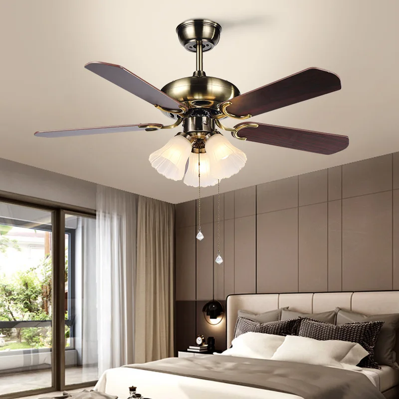 Modern Simple Fan Lamp Restaurant Bedroom Living Room Electric Fan Lamp E27 Lights 5 Wooden Leaf Ceiling Fan Lamp