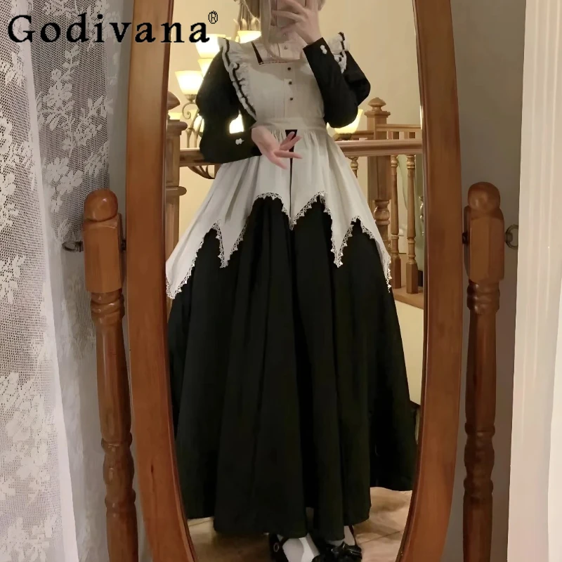 

Lolita Apron Nun Cos Maid Dark Puff Sleeve Autumn Winter Dress Elegant Girl Long Sleeve A-line High Waist Black Long Dresses