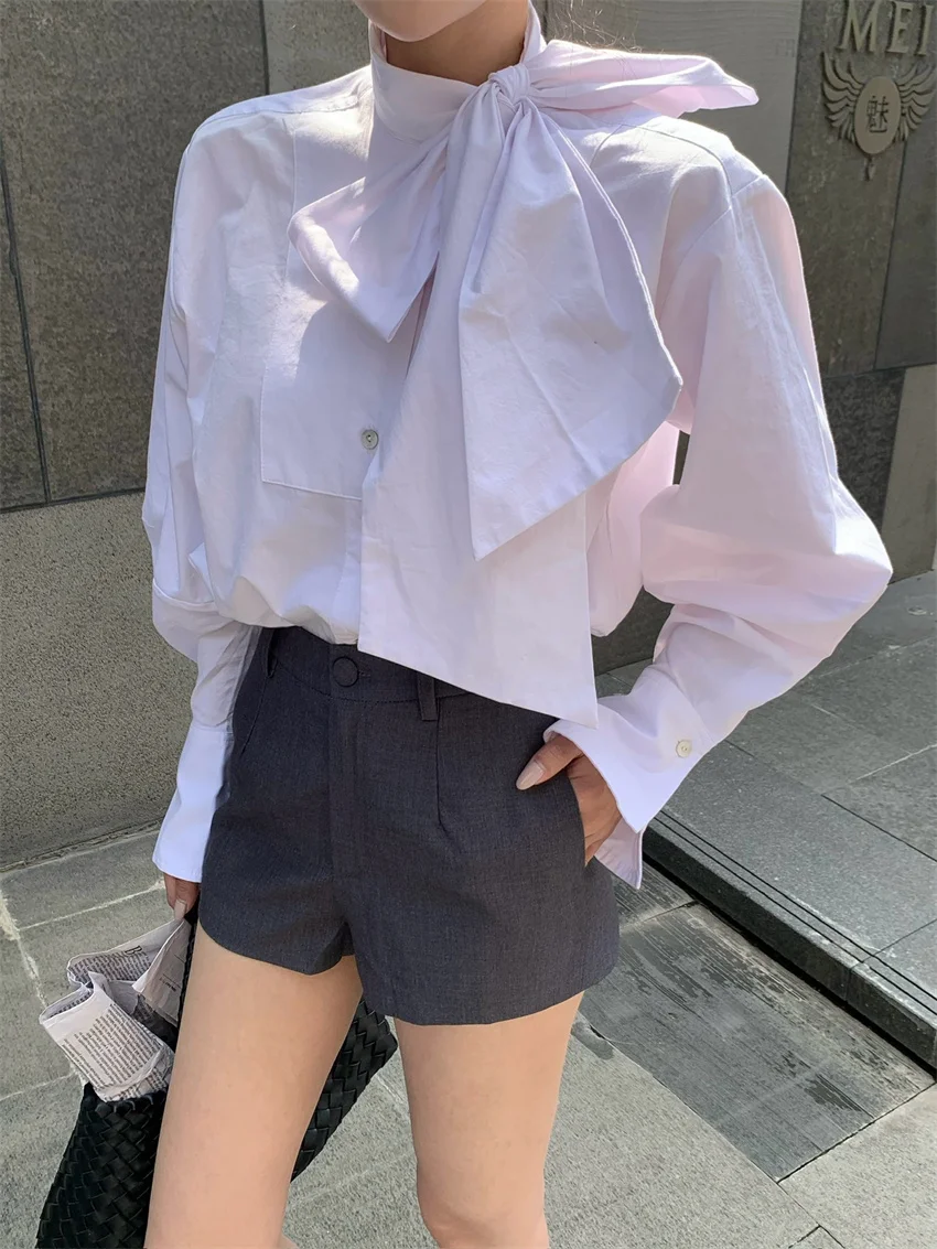 Alien Kitty Autumn Office Lady Shirts Women Chic Elegant Bow 2024 Daily Wide Leg Slim High Waist Street Wear Shorts Casual