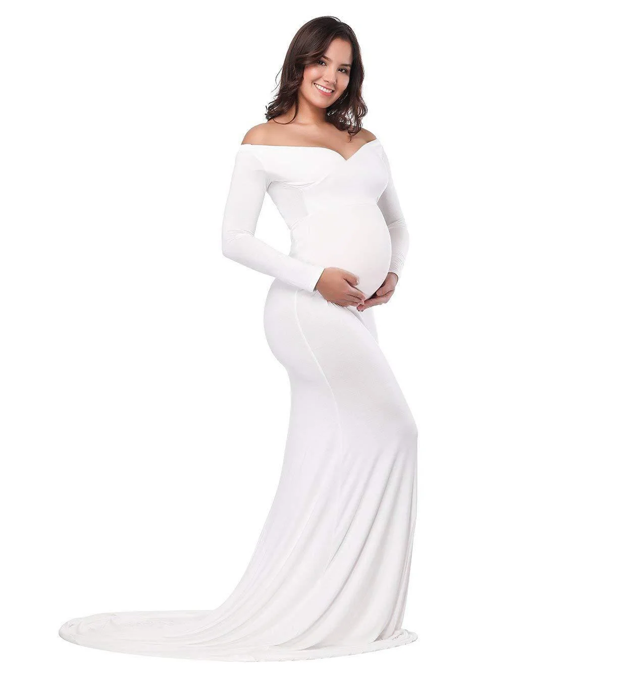 Women\'s Off Shoulder Maternity Dress Slim Cross-Front V Neck Long Sleeves Photograph Gowns for Photoshoot Baby Shower