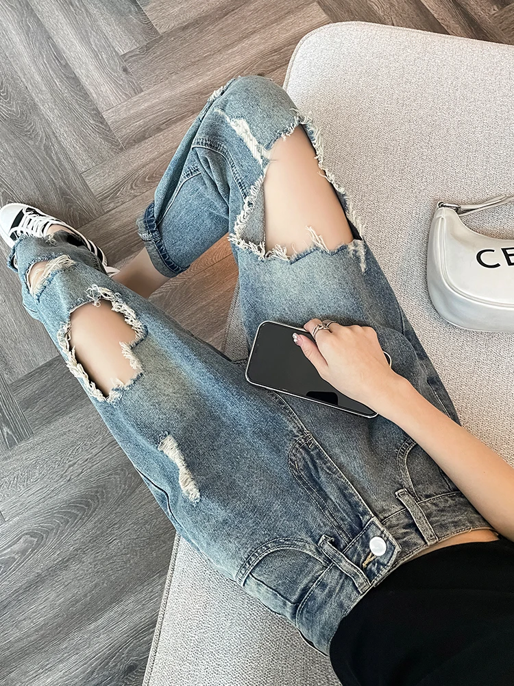 

2024 Summer Fashion Trend Simplicity Women's Worn Pocket Slimming Versatile and Casual Temperament High Waist Loose Dad Jeans