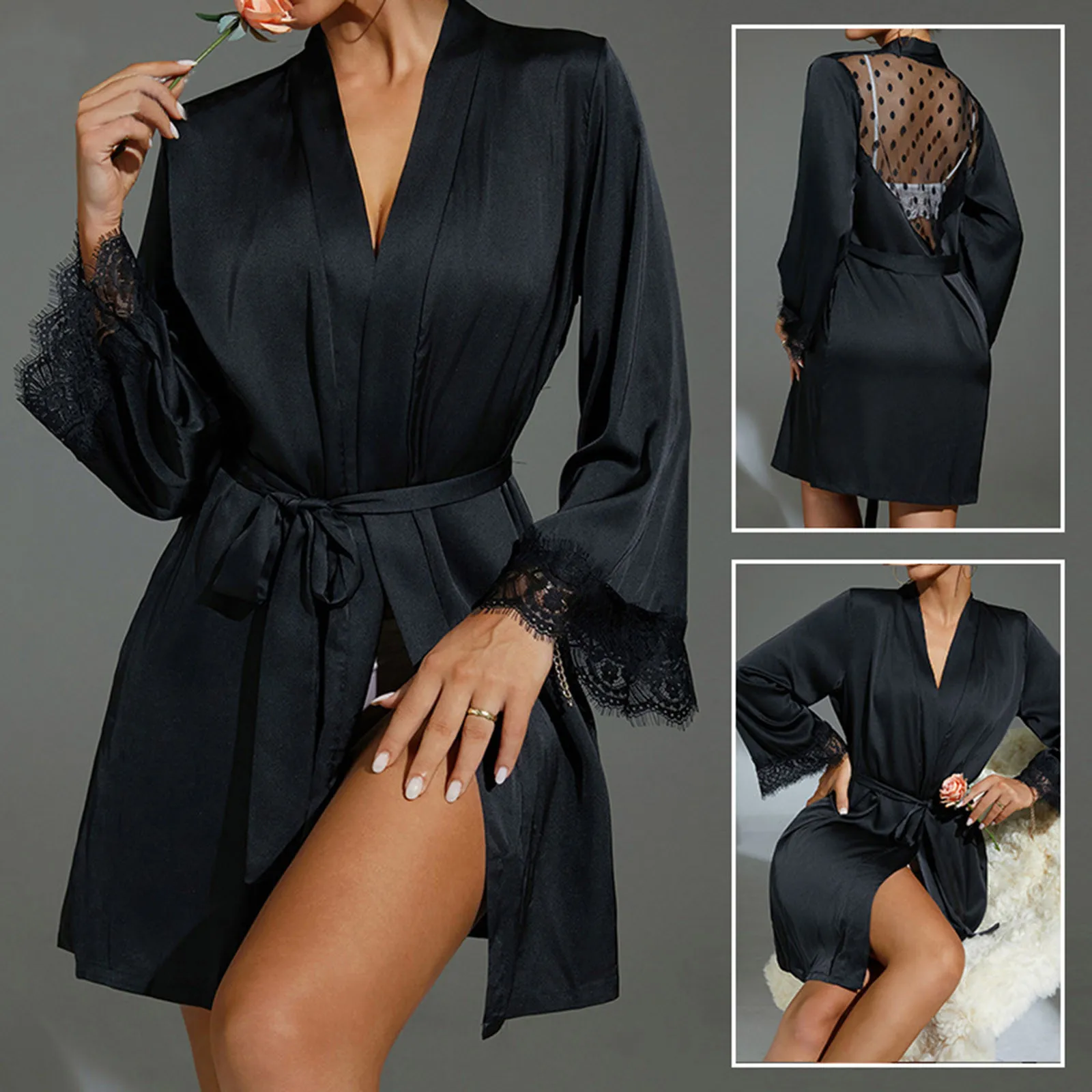 Female Chiffon Black Lace Satin Bathrobe Gown Hollow Out Nightgown Casual Flare Sleeve Sleepwear Home Dressing Gown Lingerie