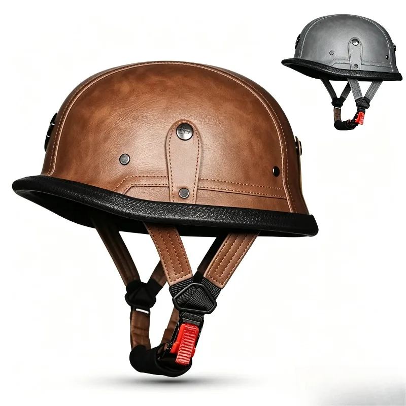 OR Motorcycle Electric Car Half Helmet Men and Women Four Seasons Cruise Retro German Leather Helmet, Handmade Steel Helmet
