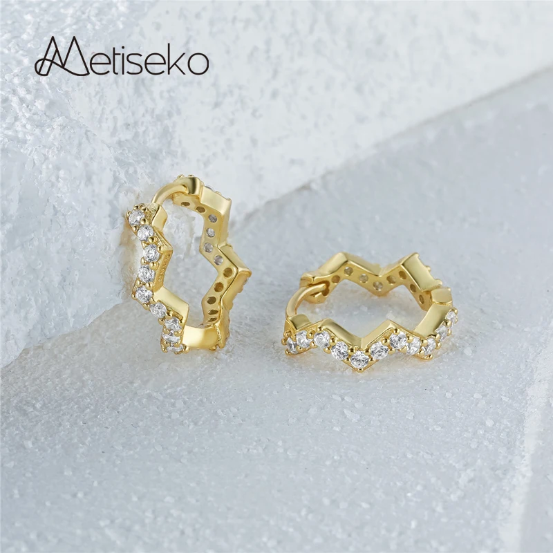 

Metiseko 925 Sterling Silver Geometric Wave Shape Hoop Earrings High Quality 5A Cubic Zirconia Women's Earrings for Engagement