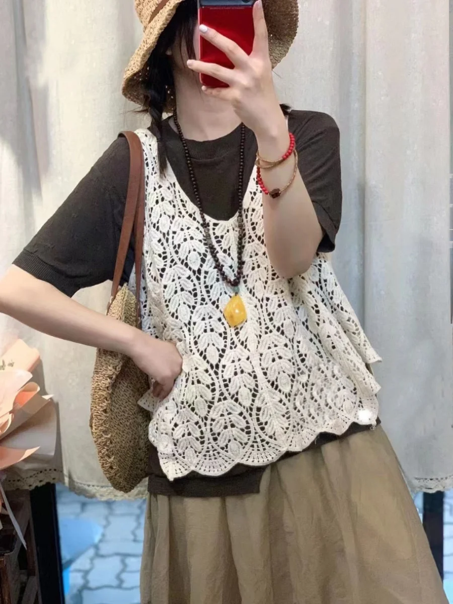 

Retro Hollow out Lace Svel Slimming Vest Spring Summer Thin Le Pattern Cotton Casual Wear Versatile Loose Fit Top