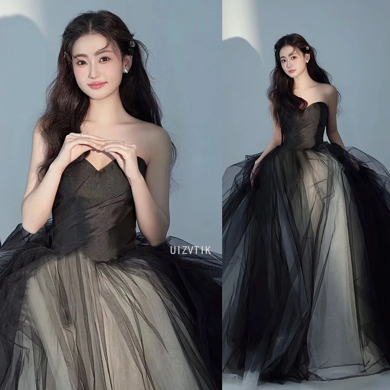 여성을위한 우아한 웨딩 드레스 Organza a 라인 Strapless 간단한 스타일 사진 촬영 신부 드레스 맞춤형 웨딩 파티 드레스