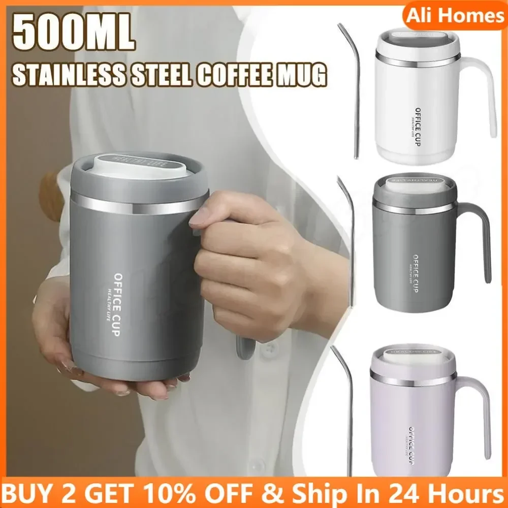 Carry Mug Thermos Coffee Cup with Straw Stainless Steel Thermos with Cup Lid Thermal Bottle for 500ml Coffee Mugs Thermal Cup