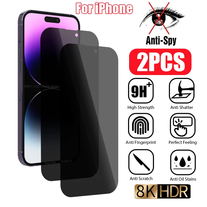 2PCS Anti Spy Glass For iPhone 15 14 13 12 11 Pro Max Privacy Screen Protector For iPhone 13 Mini 8 7 Plus X XR XS SE 2020 2022