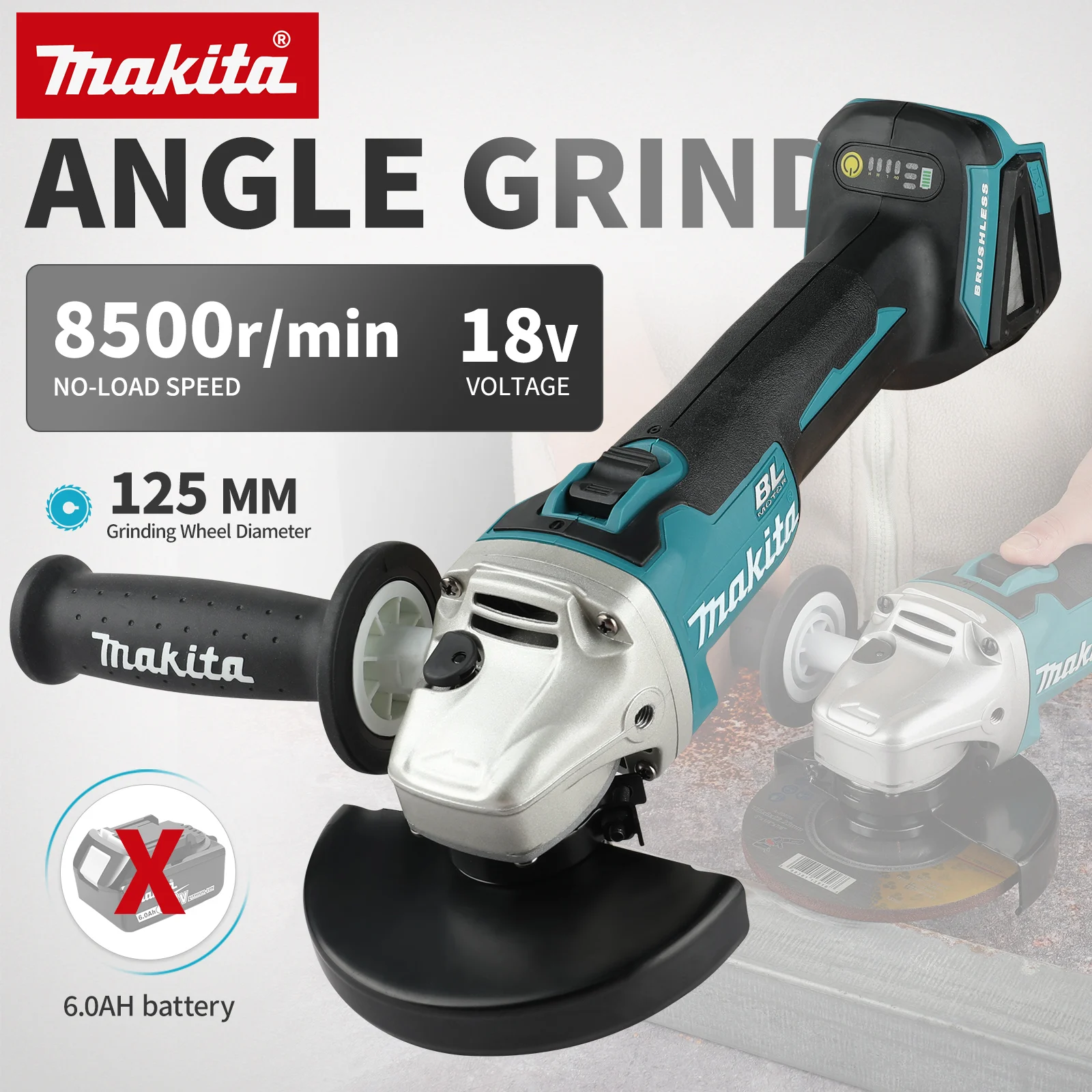Makita DGA404 18V Cordless Angle Grinder 125mm 8500rpm Anti-Vibration Handle Professional Grinding Cutting Tool for Construction