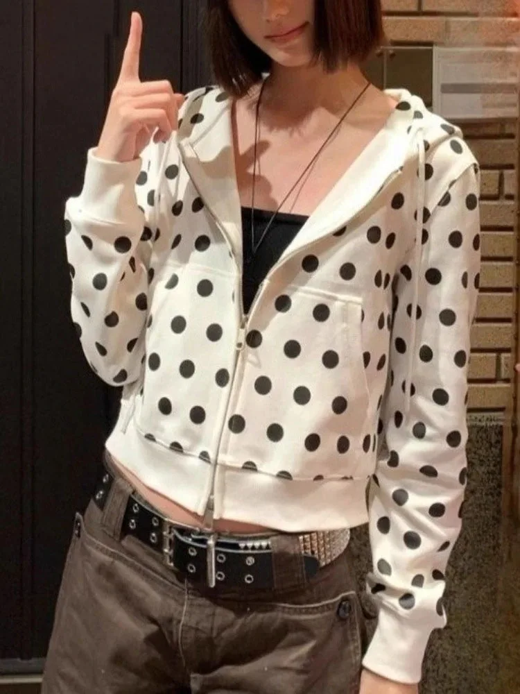 

Spring Women Polka Dot Printing Casual Sweatshirts Y2k Aesthetic Grunge Pocket Hoodies Harajuku Vintage Cropped Hooded Hoody