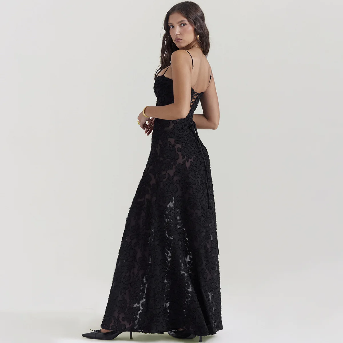 Oligai Maxi Black Formal Occasion Dress Elegant Spaghetti Strap Event Party Dresses Embroidery See Through Women\'s Clothing