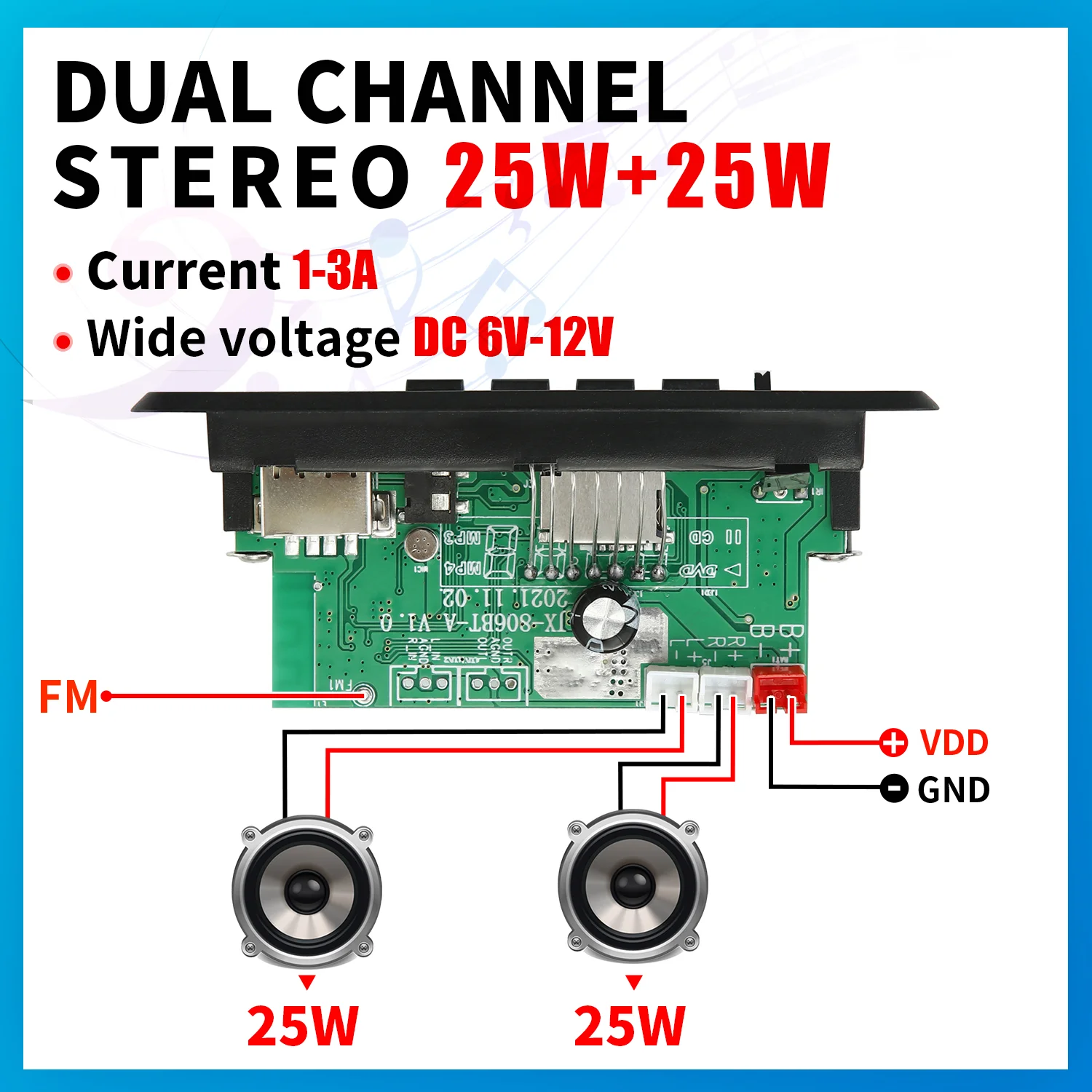 DC 12V 50W Amplifier Bluetooth 5.0 MP3 Player Decoder Board FM Radio TF USB 3.5mm AUX Module Bluetooth Receiver Car kit Audio