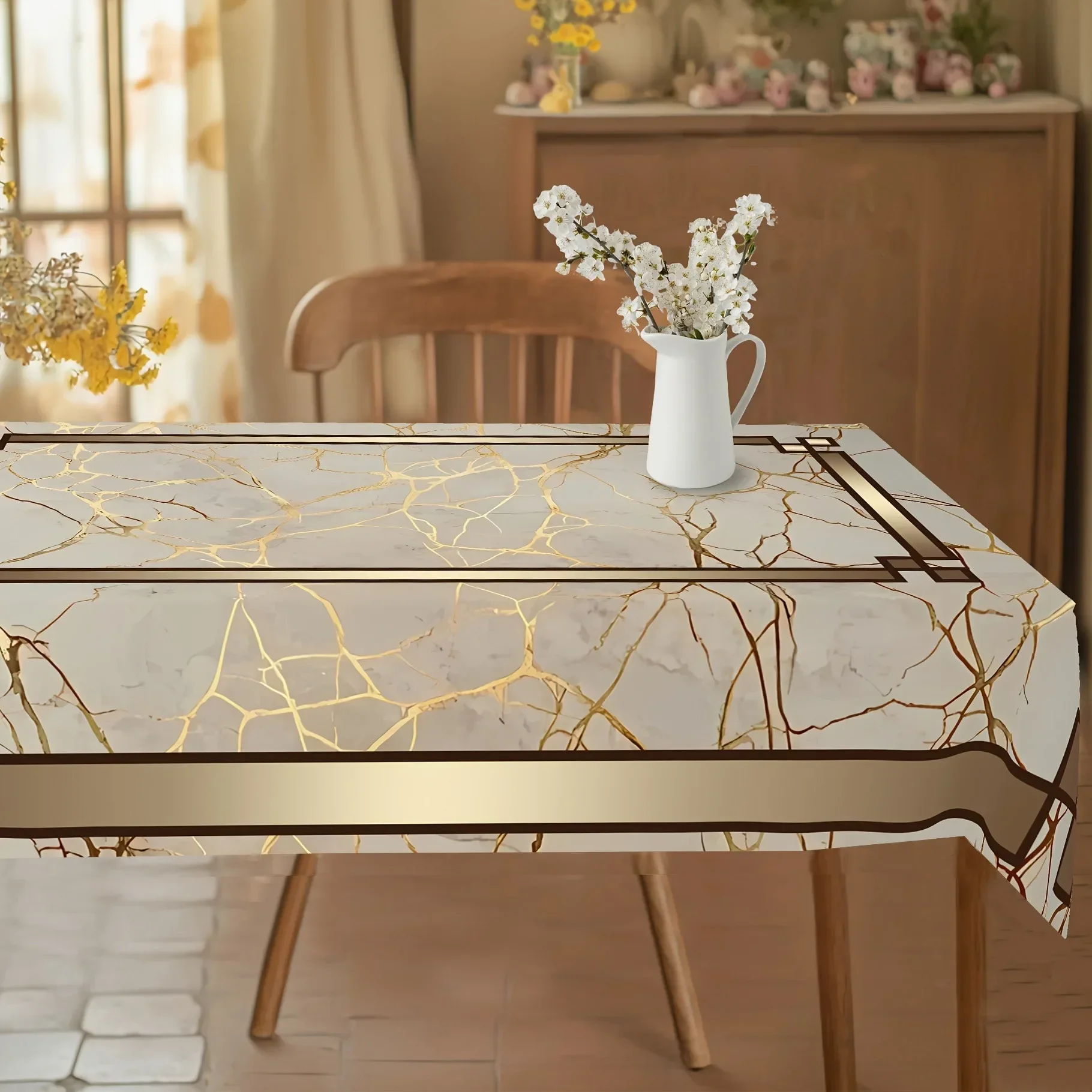 yes2PC New Tablecloth Beige Gold-brown Fabric Marble Pattern Tablecloth Light Luxury Premium Feel Home Decor Wear-resistant Dura