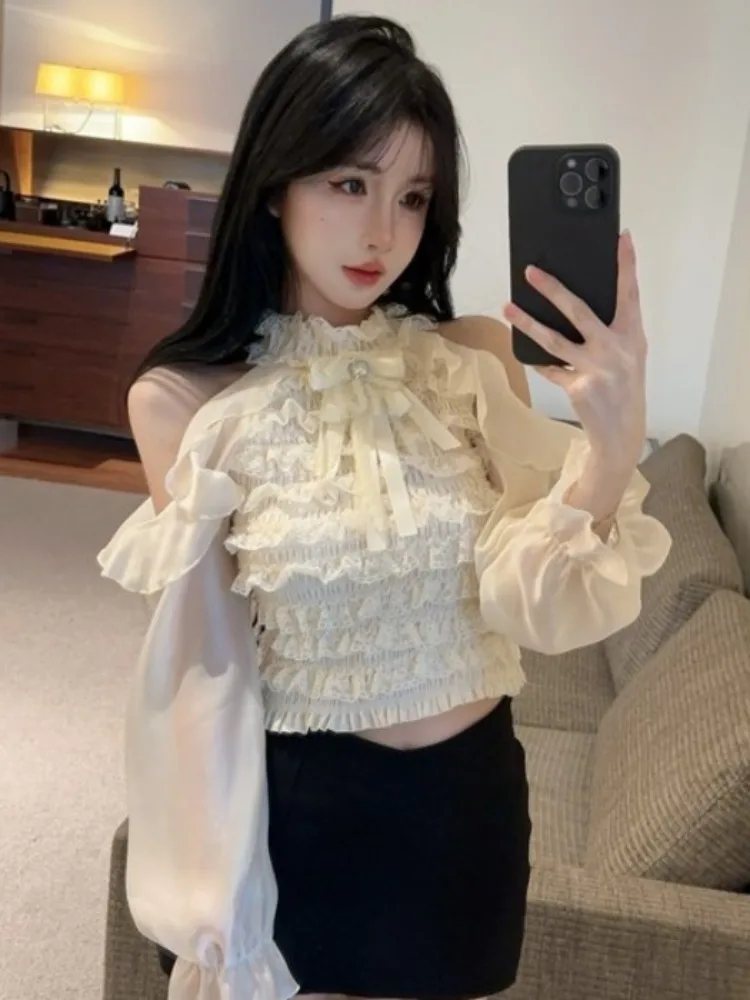 

Elegant Lace Trim Long Sleeve Shirt Women's Spring Autumn New Style Pure Desire Slimming Shoulder Bared Top French Style Stan...