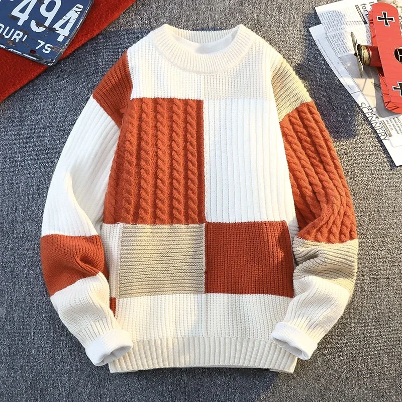 

Autumn Winter Men's Round Neck Knit Sweater Fashion Plaid Knitted Pullovers Men Casual Loose Warm patchwork Sweaters