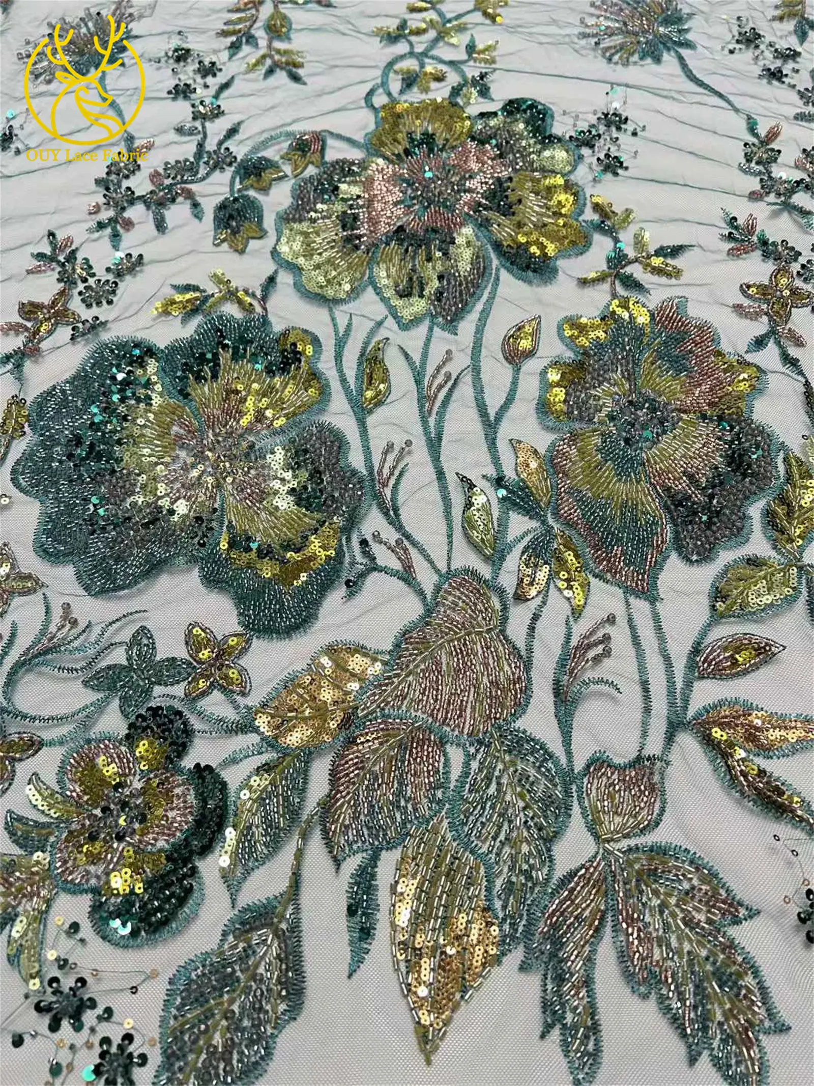 Afrikanischer schwerer Perlen-Spitzenstoff, 5 Yards, luxuriöse französische Pailletten-Spitze, Nigeria-Stickerei, Tüllspitze für Hochzeitskleider – Detail 9