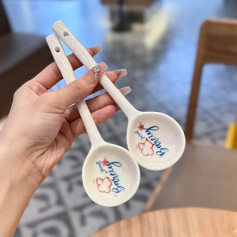 Letter White Ceramic Spoon 2pcs 2026 New Household Underglaze Color Breakfast Oats Spoon High End Exquisite Dinner Tableware