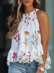 Ruffles Shirt Women Plus Size Sexy Halter Neck Sweet Blouse Sleeveless Loose Bohemian Floral Shirt Streetwear Elegant Clothing