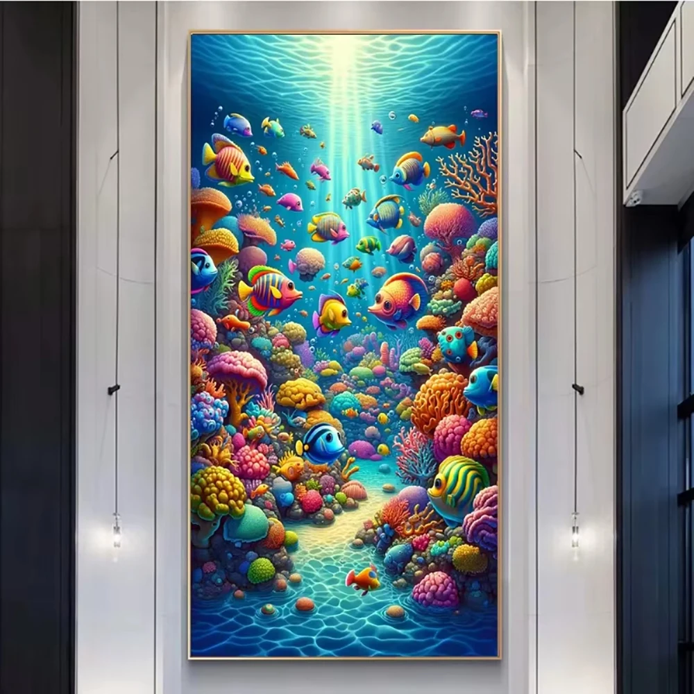 Modern Blue Sea Fish Canvas Painting Nordic Underwater World Landscape Fish School Large Size Posters Print Wall Art Home Decor