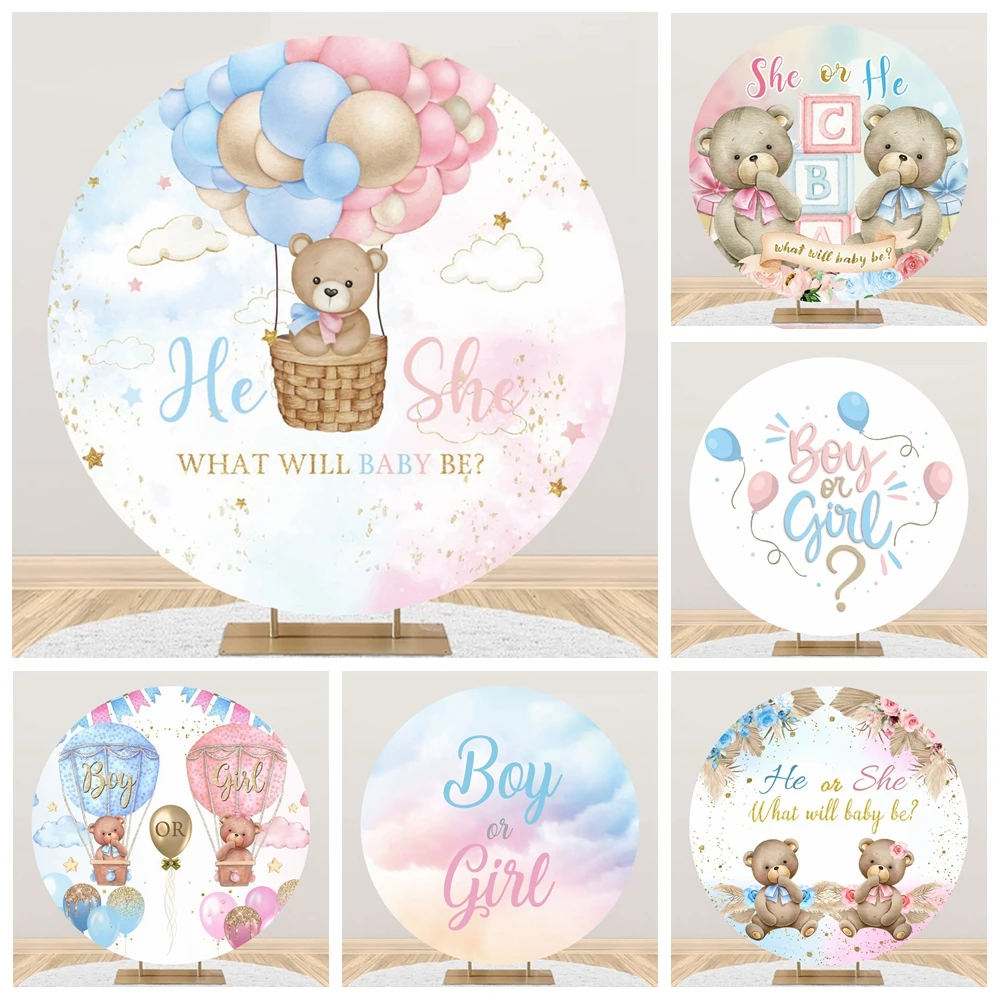 Laeacco Newborn Gender Reveal Round Backdrop Baby Shower Family Party Decor Boy or Girl Photographic Background Circle Backdrop