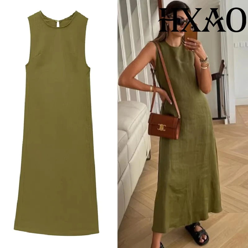 HXAO ノースリーブドレス 2025 レディース 夏 グリーン リネンワンピース カットアウト バックレス エレガント レディースドレス ビーチ カジュアルドレス