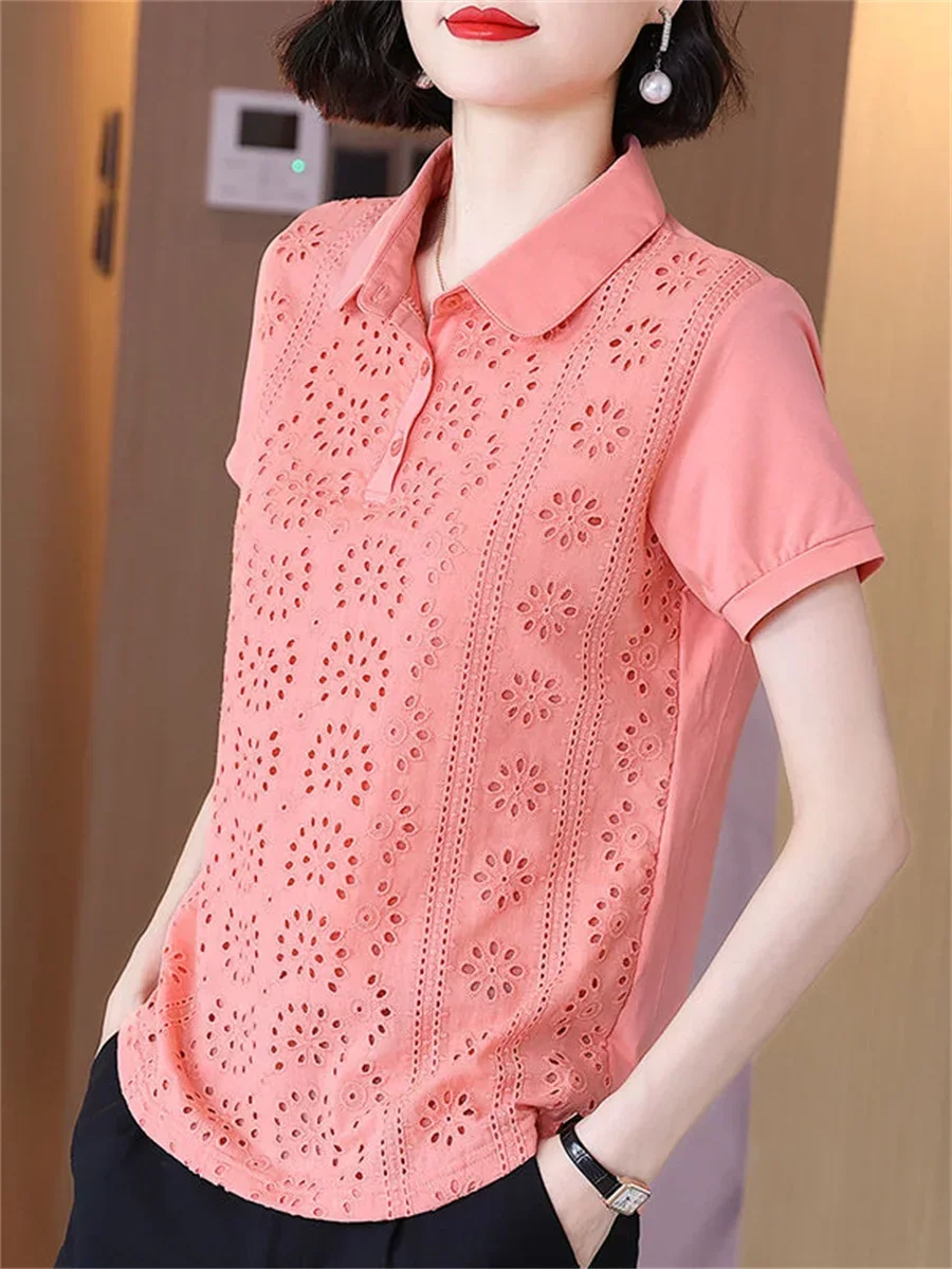 4XL Women Spring Summer Blouses Shirts Lady Fashion Casual Short Sleeve O-Neck Solid Color Hollow Blusas Tops TT2190