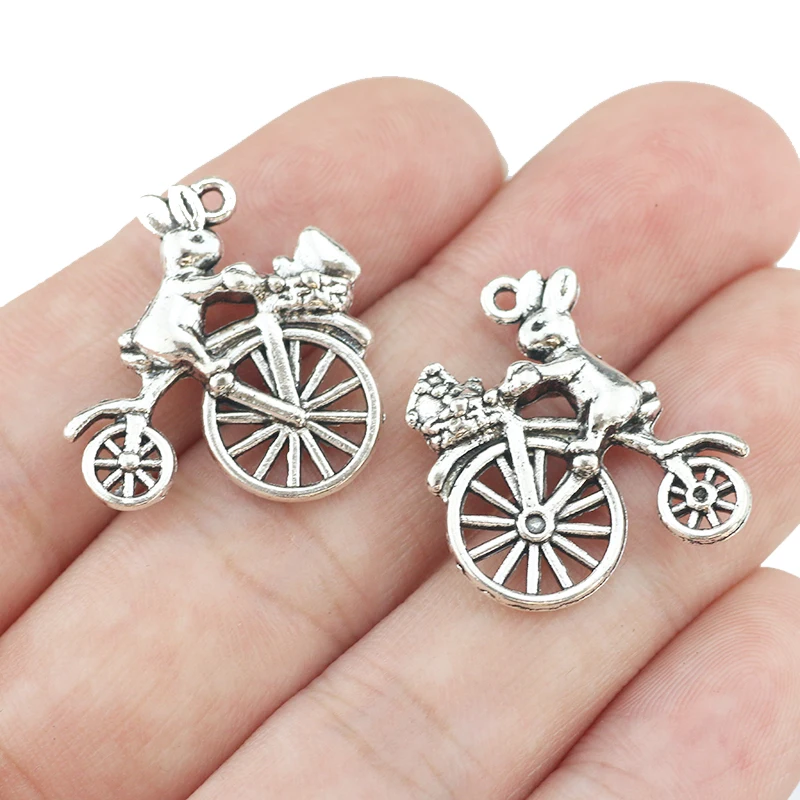 10Pieces 24*26mm Zinc Alloy Antique Silver Color Cute Rabbit Bicycle Charms Pendant  For Girl  Jewelry Making