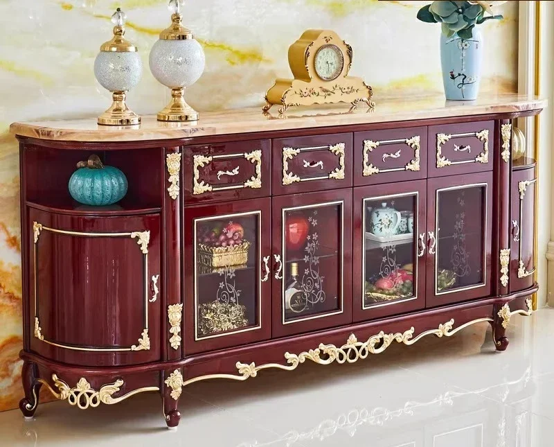 Solid wood side cabinet, luxury marble tracing gold and silver storage wall cabinet
