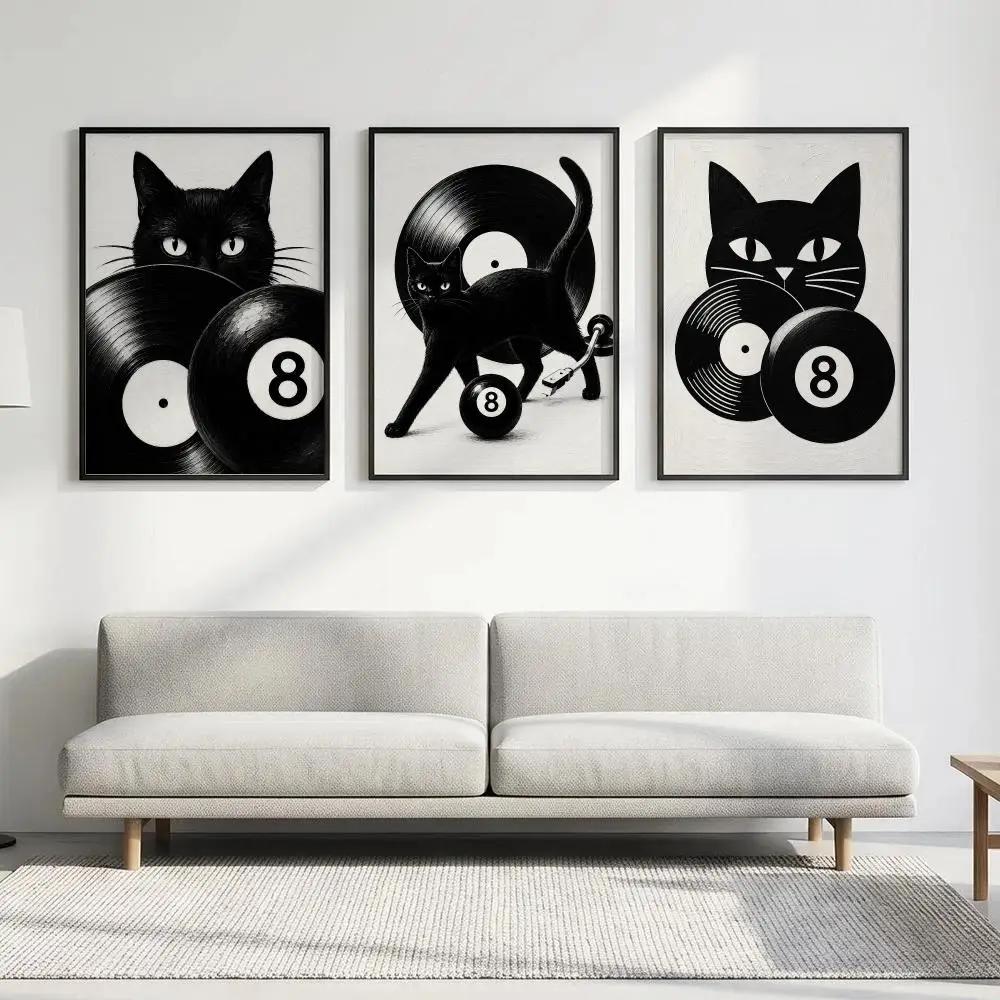 Art Black and white billiard cat record player Poster HD art waterproof sticky wall home decoration aesthetic