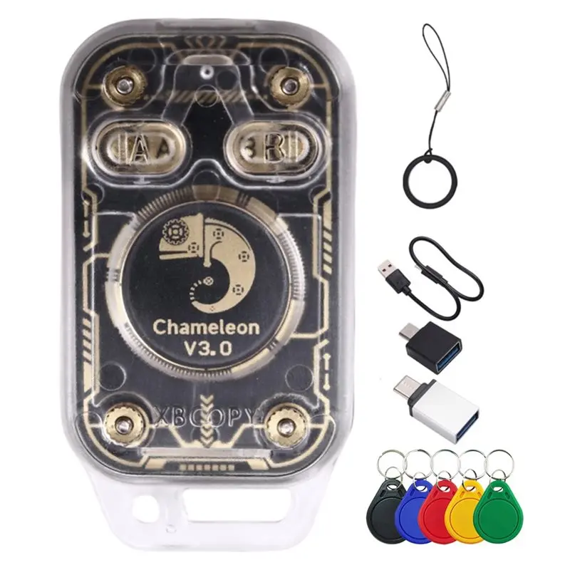 

Считыватель смарт-чипов Chameleon V3.0 125K 13.56M RFID + 5 брелоков-эмуляторов смарт-карт UID, копировщик ID/IC-меток, NFC-считыватель/записыватель