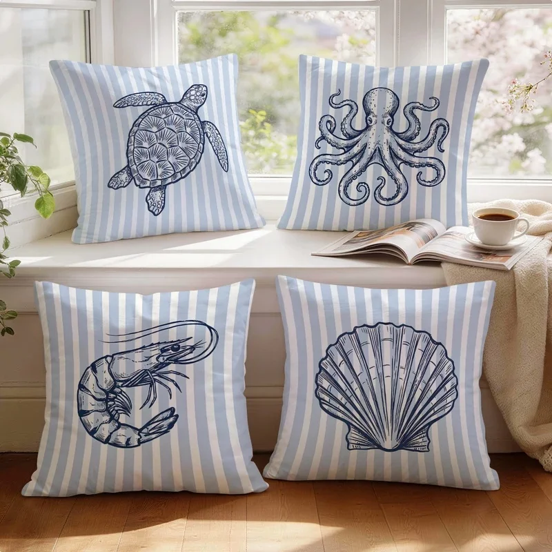 4 Pcs Beach Sailing Coastal Striped Pattern Single-sided Printed Pillowcase Cushion Cover For Living Room, Bedroom, Car