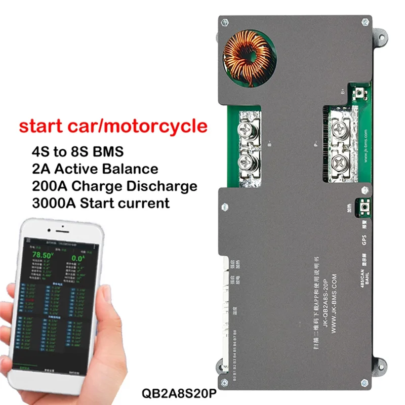 Motor arranque de motocicleta coche 4S a 8S 2A equilibrio activo BMS 3000A 200A Placa de protección de carga y descarga JK 12V 24V