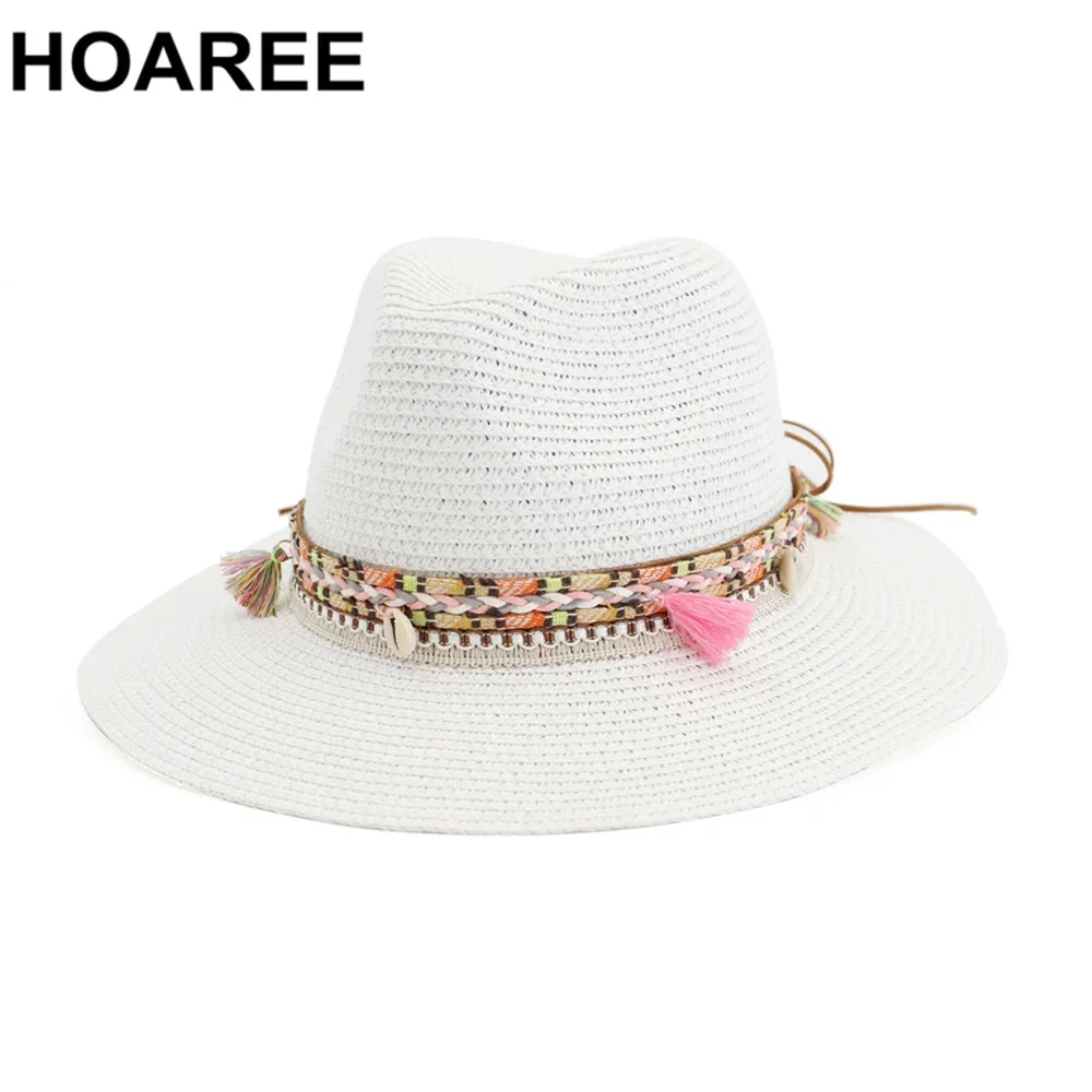 HOAREE Straw Sun Hat White Panama Hat Beach Womens Summer Caps Sombrero Female Fedora Casual Ladies Chapeau