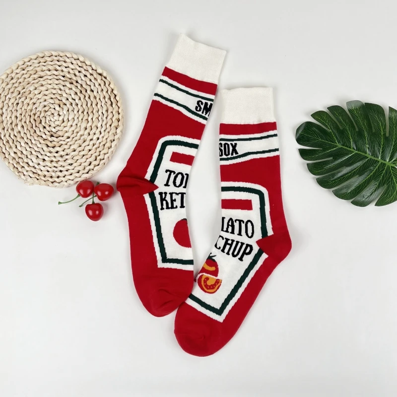 1 Pair Funny Tomato Ketchup Printed Mid-Calf Men Socks Suit In All Seasons